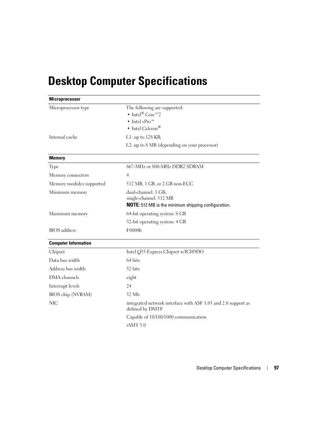 Dell 755 manual Desktop Computer Specifications 