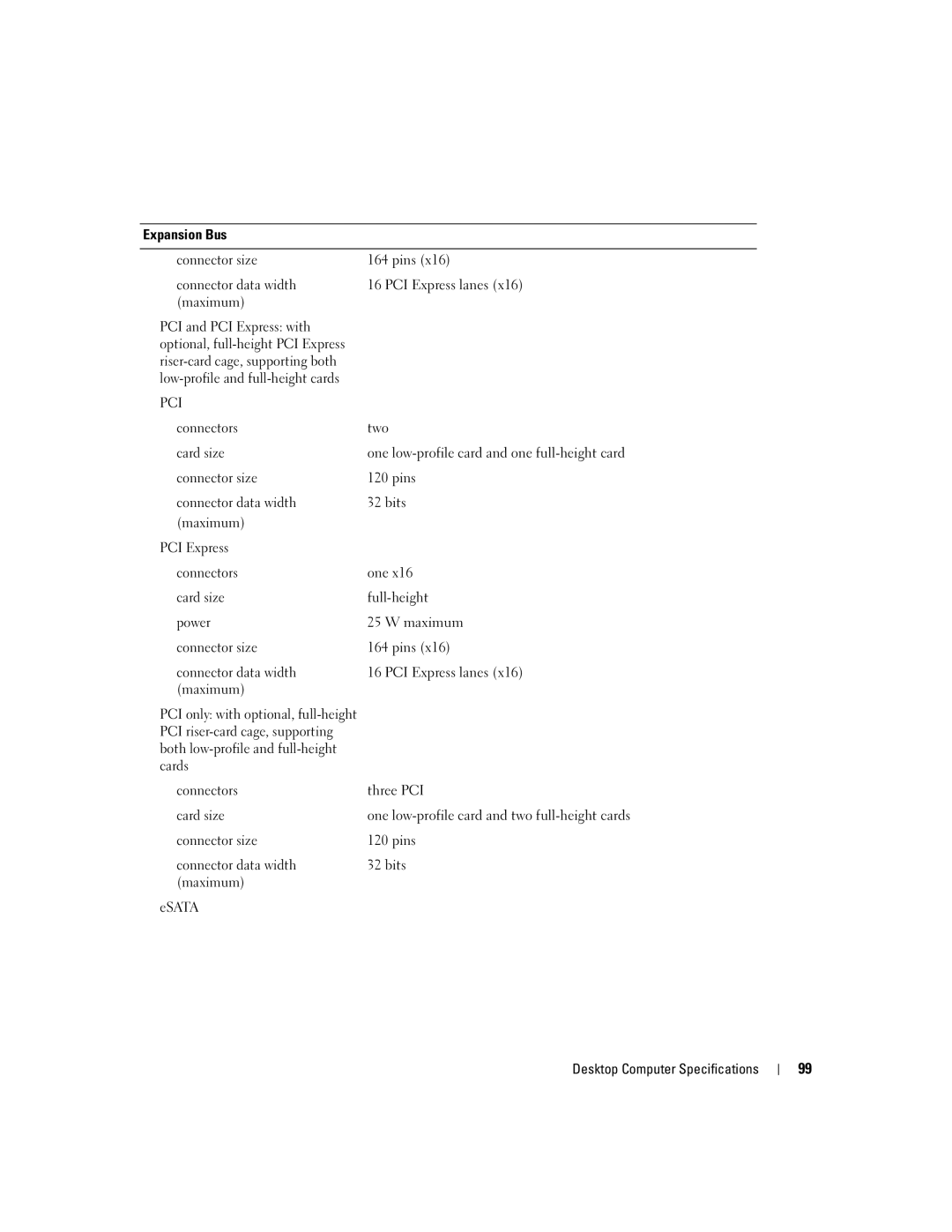 Dell 755 manual Expansion Bus Connector size, Maximum ESATA Desktop Computer Specifications 