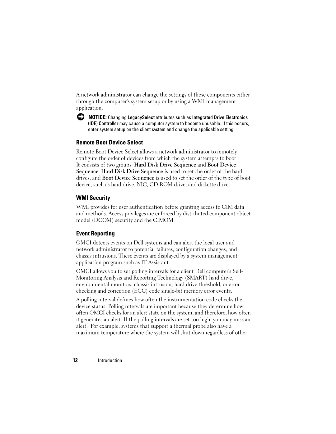 Dell 7.6 manual Remote Boot Device Select, WMI Security, Event Reporting 