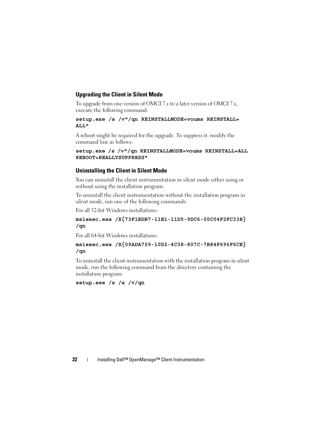 Dell 7.6 manual Upgrading the Client in Silent Mode, Uninstalling the Client in Silent Mode 