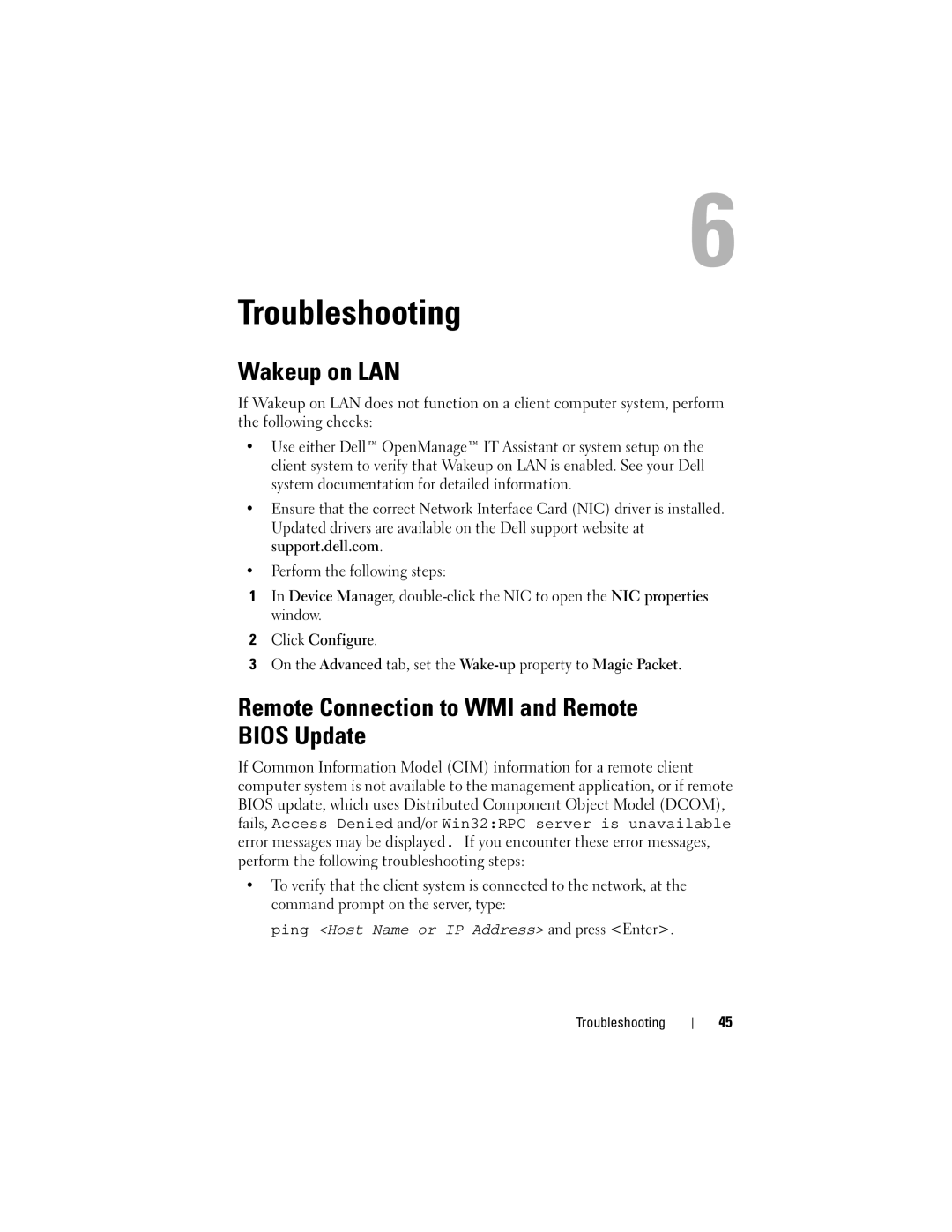 Dell 7.6 manual Troubleshooting, Wakeup on LAN, Remote Connection to WMI and Remote Bios Update 