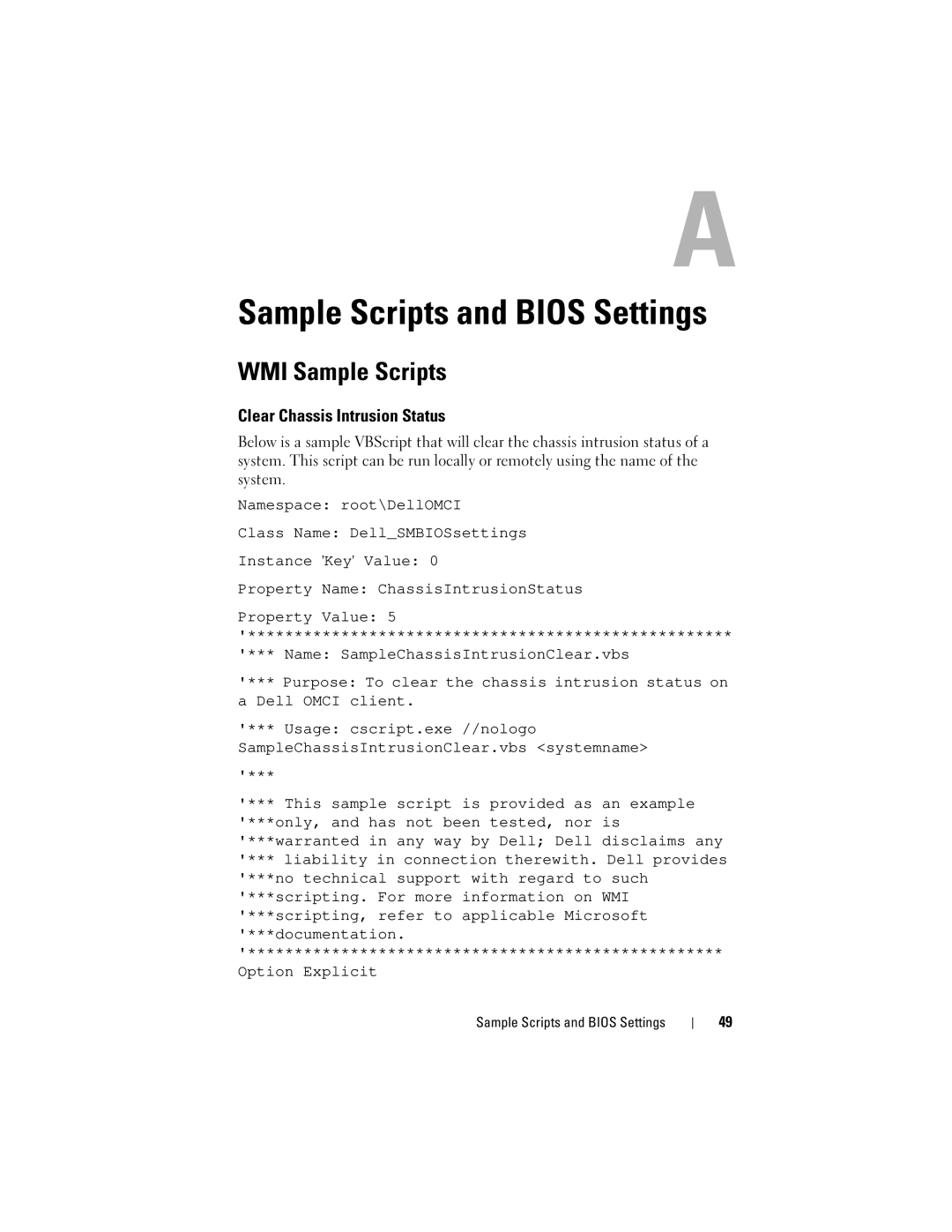 Dell 7.6 manual Sample Scripts and Bios Settings, WMI Sample Scripts, Clear Chassis Intrusion Status 