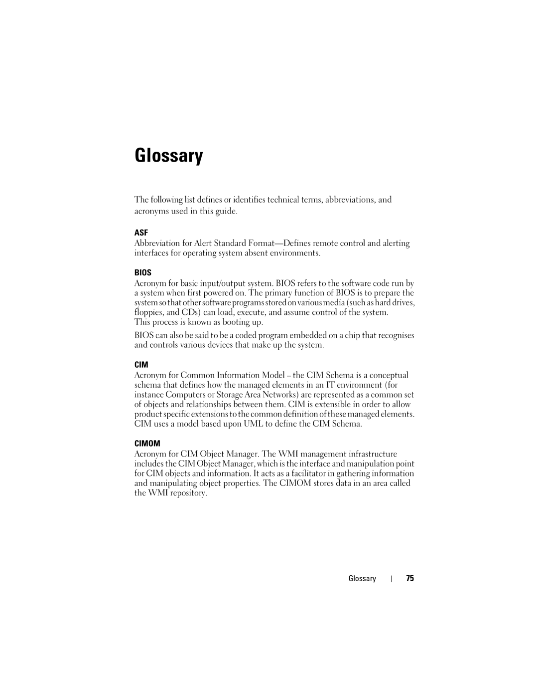 Dell 7.6 manual Glossary, Asf, Bios, Cimom 