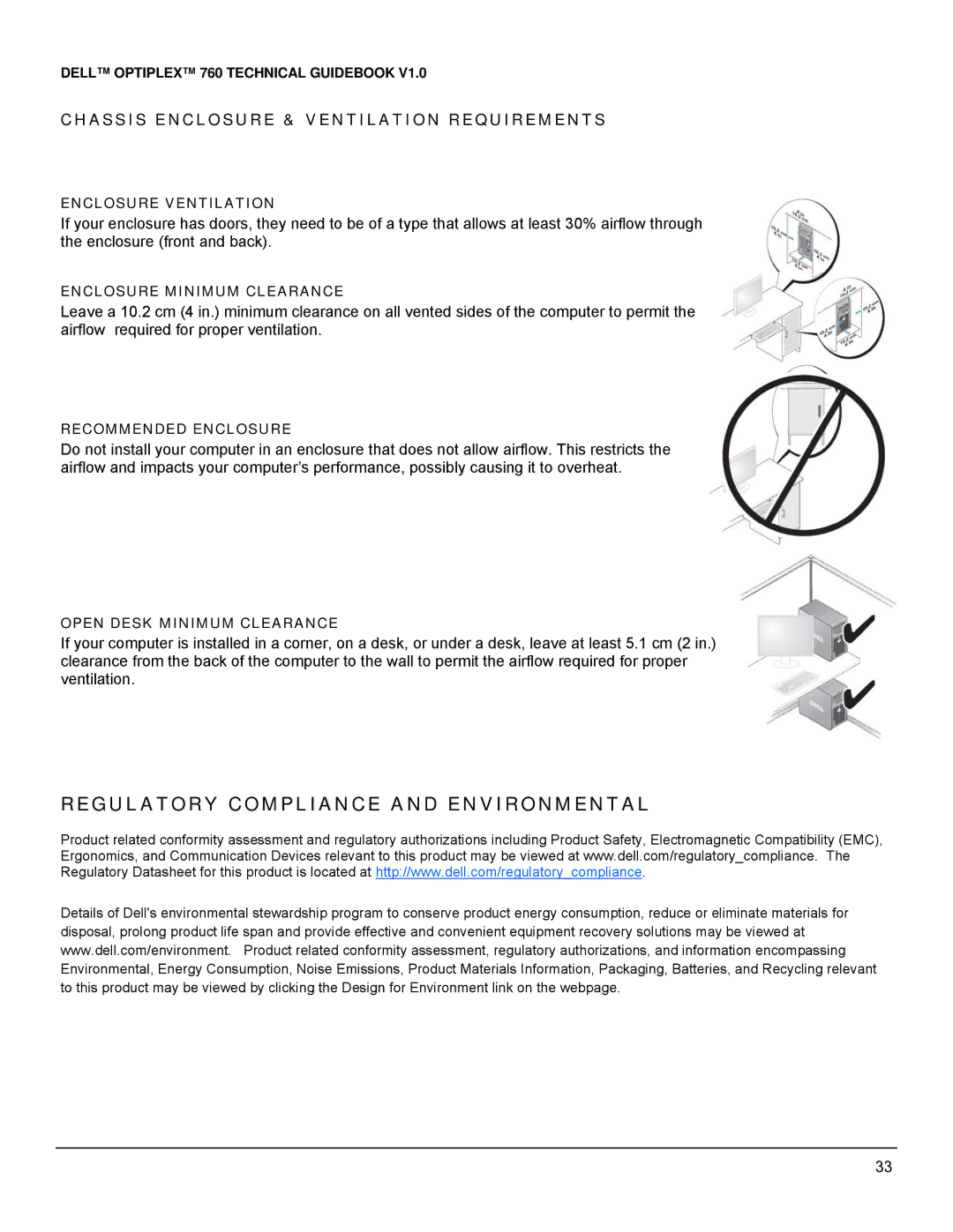 Dell 760 manual Chassis Enclosure & Ventilation Requirements, Enclosure Ventilation, Enclosure Minimum Clearance 