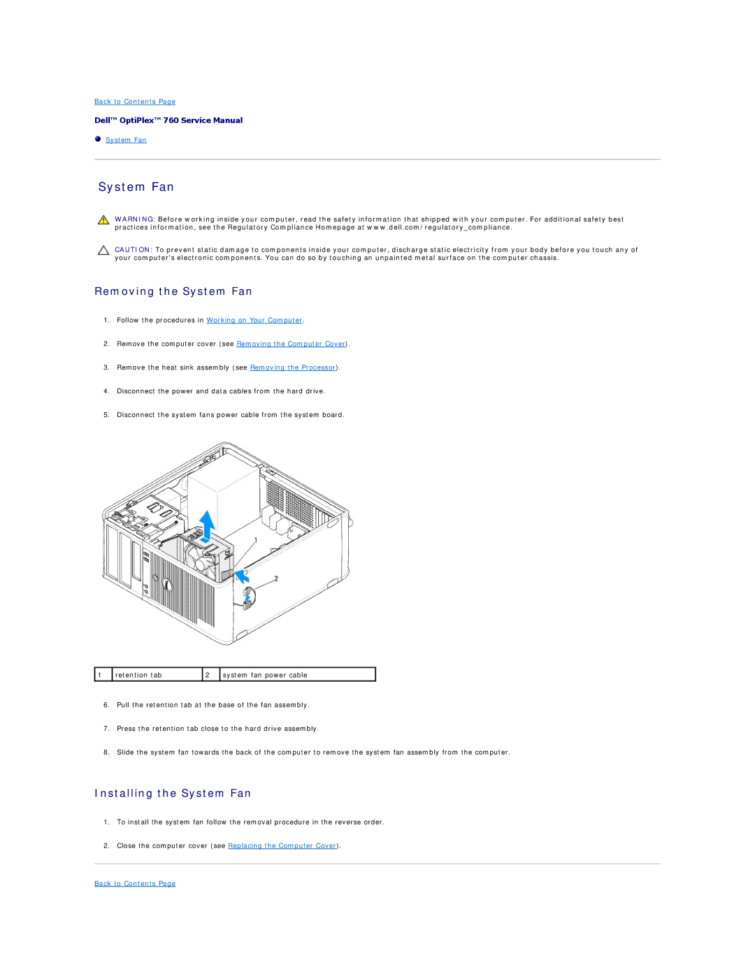 Dell 760 manual System Fan 