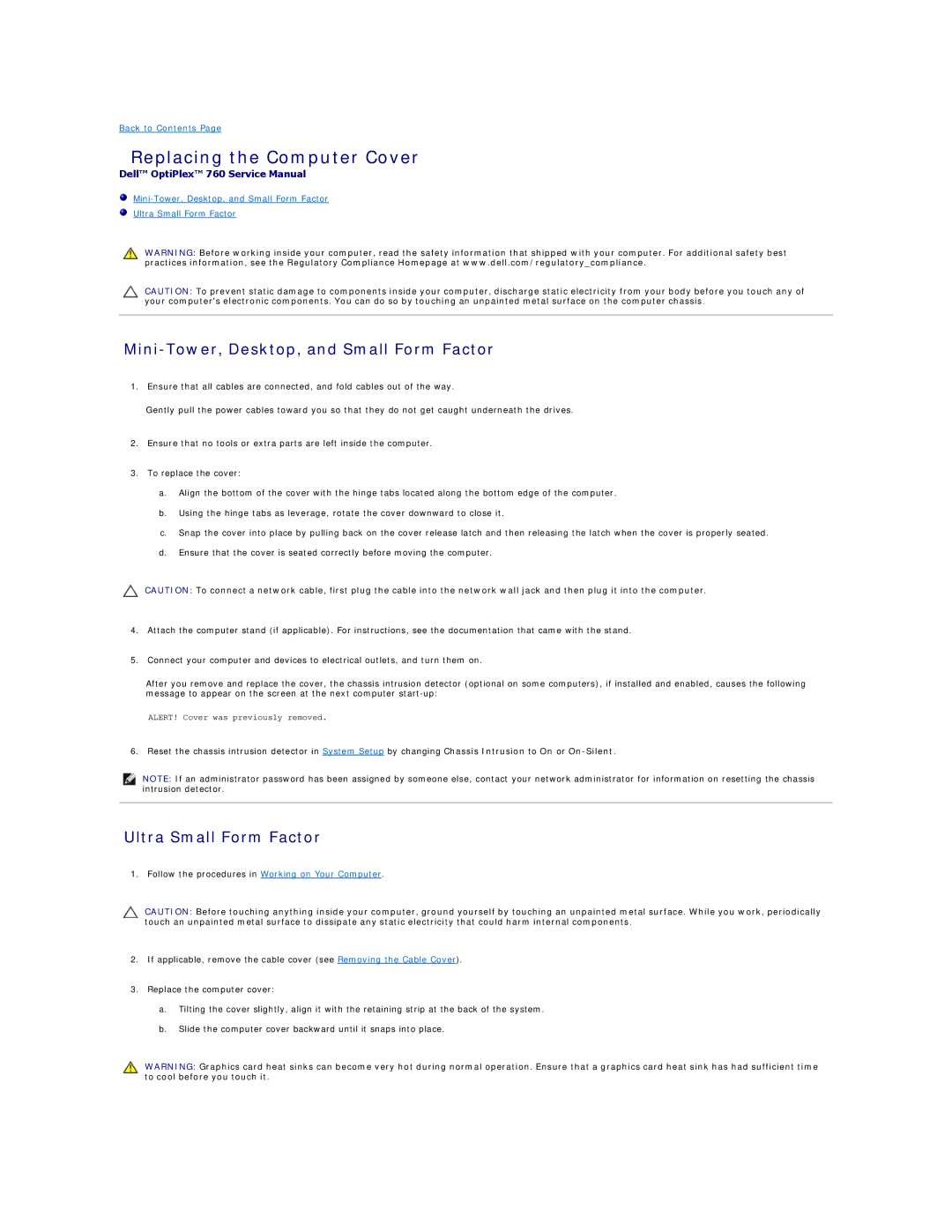 Dell 760 manual Replacing the Computer Cover, Mini-Tower, Desktop, and Small Form Factor, Ultra Small Form Factor 
