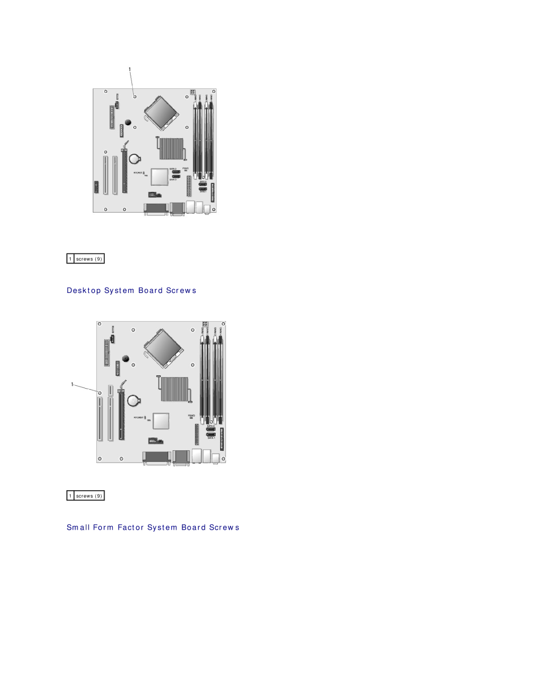 Dell 760 manual Desktop System Board Screws, Small Form Factor System Board Screws 