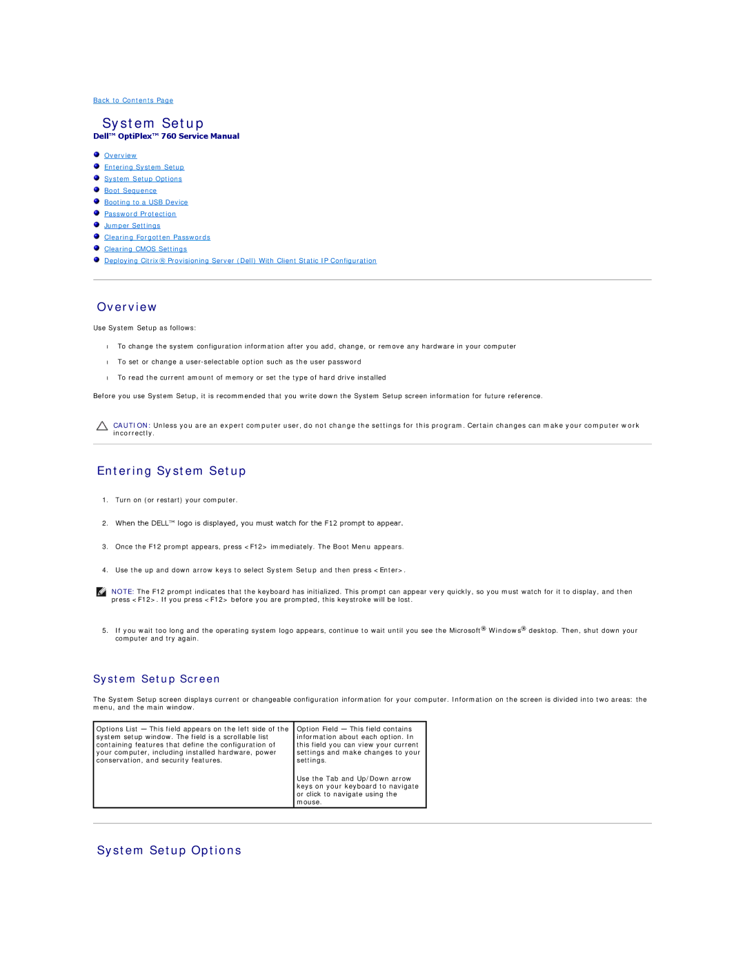 Dell 760 manual Overview, Entering System Setup, System Setup Options, System Setup Screen 