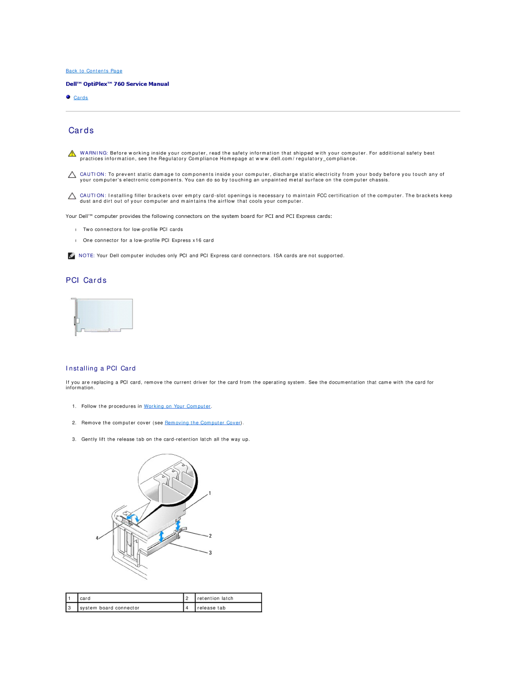Dell 760 manual PCI Cards, Installing a PCI Card 