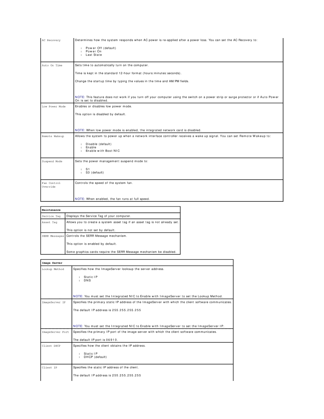 Dell 760 manual Power Off default, Power On, Last State, On is set to disabled, Enable with Boot NIC, Static IP 