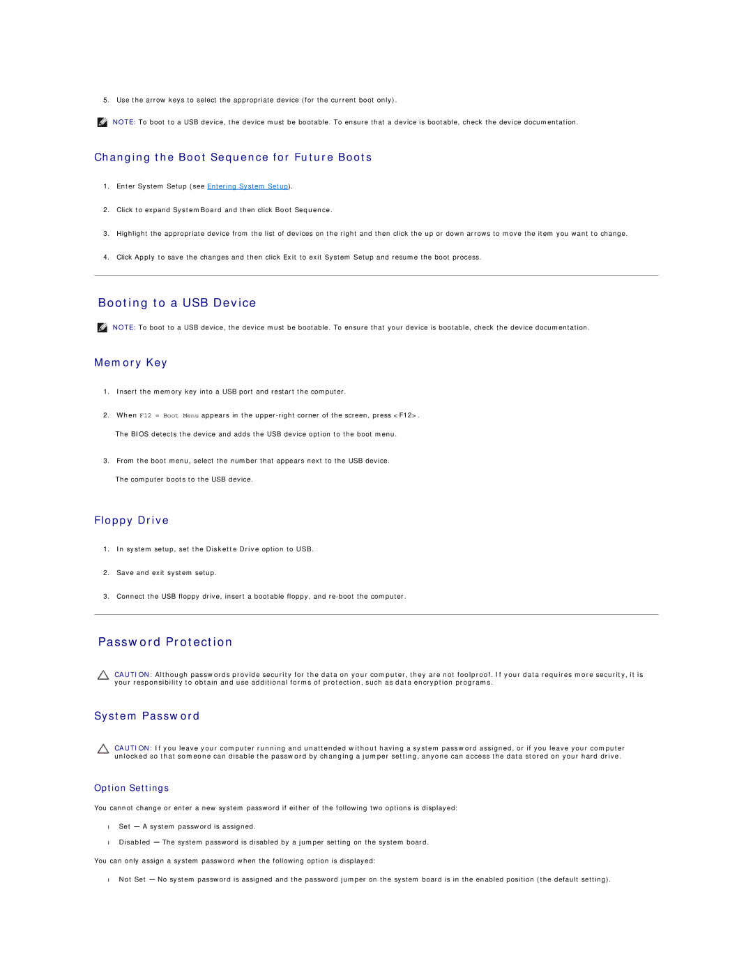Dell 760 manual Booting to a USB Device, Password Protection, Changing the Boot Sequence for Future Boots, Memory Key 