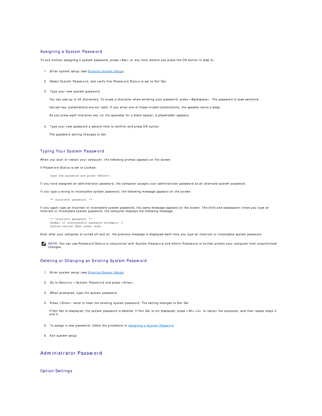 Dell 760 manual Administrator Password, Assigning a System Password, Typing Your System Password 