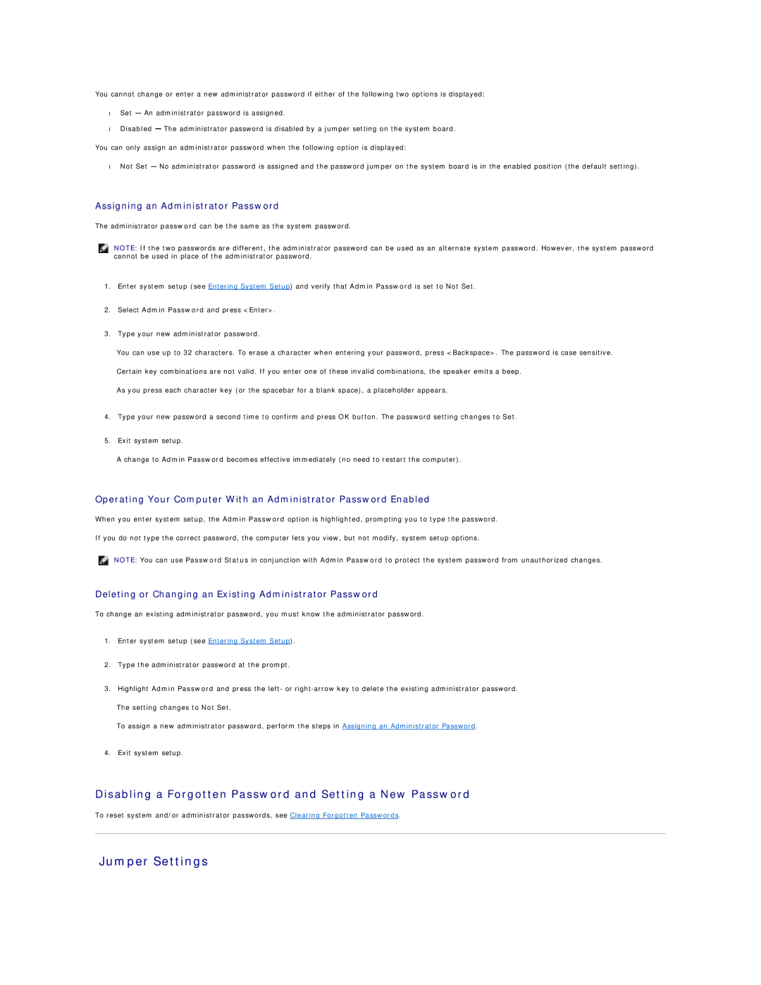 Dell 760 Jumper Settings, Disabling a Forgotten Password and Setting a New Password, Assigning an Administrator Password 