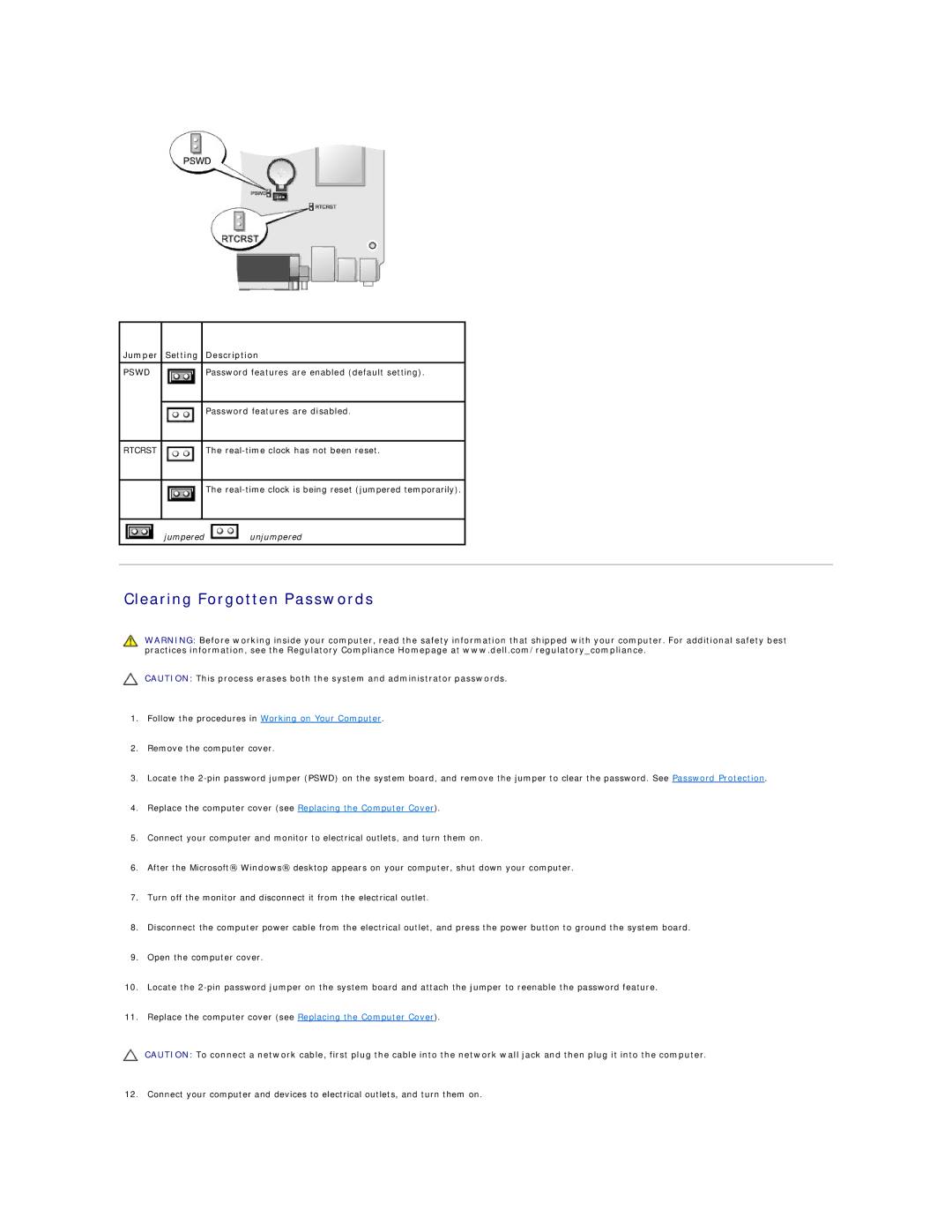 Dell 760 manual Clearing Forgotten Passwords, Jumper Setting Description 