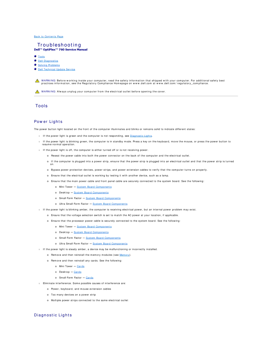 Dell 760 manual Troubleshooting, Tools, Power Lights, Diagnostic Lights 