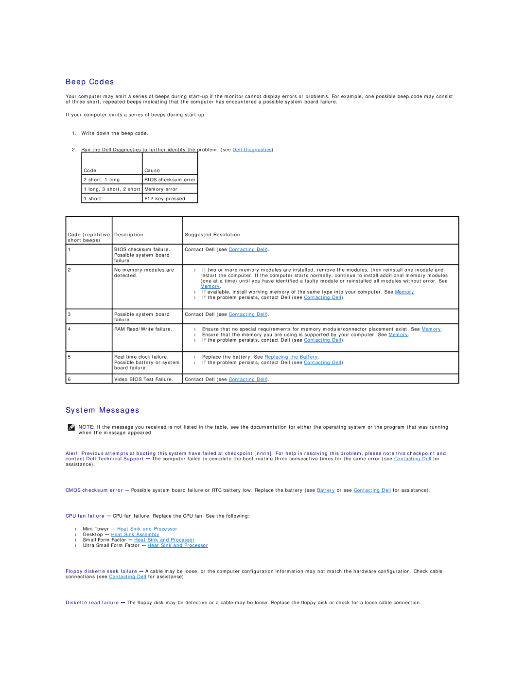 Dell 760 manual Beep Codes, System Messages, Code Cause 