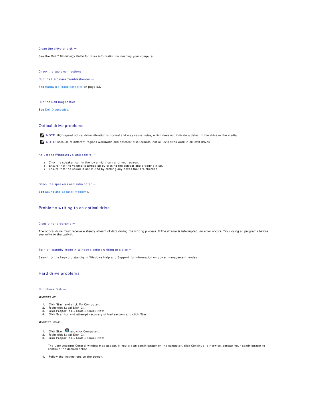 Dell 760 manual Optical drive problems, Problems writing to an optical drive, Hard drive problems 