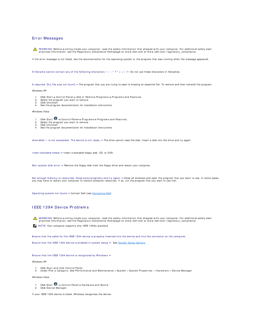 Dell 760 manual Error Messages, Ieee 1394 Device Problems, Click Uninstall 