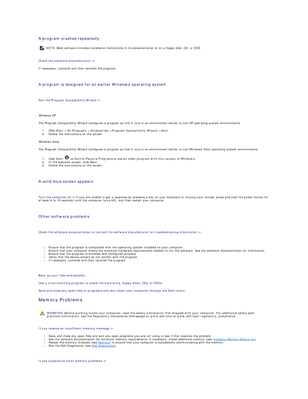 Dell 760 manual Memory Problems, Program crashes repeatedly, Program is designed for an earlier Windows operating system 
