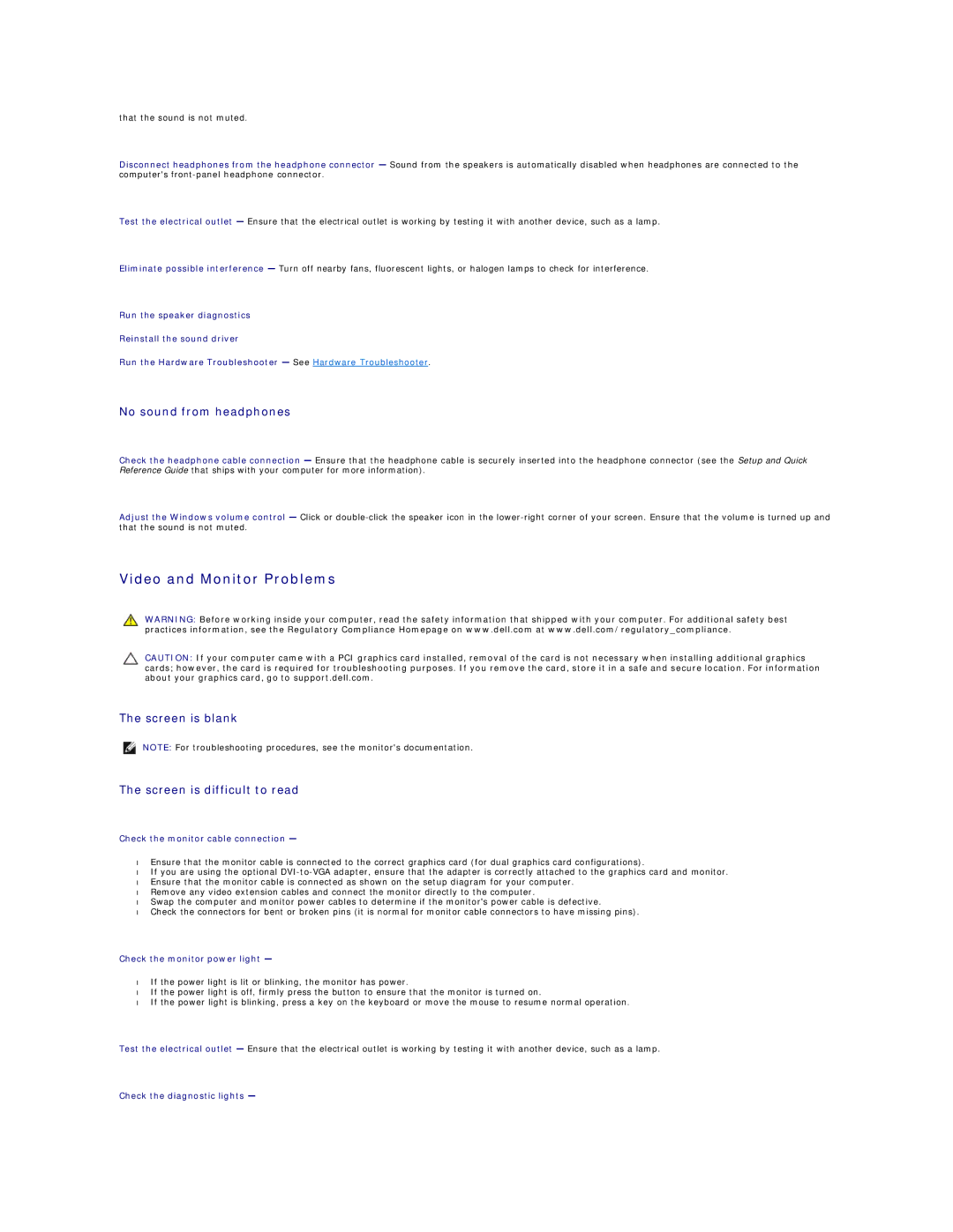 Dell 760 manual Video and Monitor Problems, No sound from headphones, Screen is blank Screen is difficult to read 