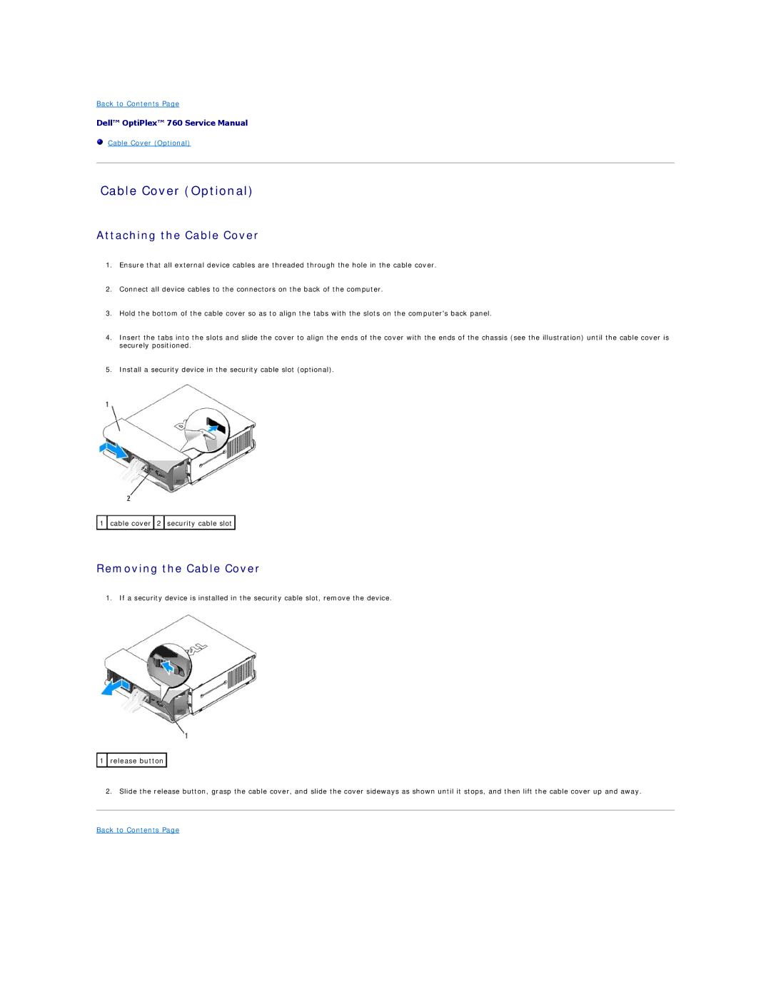 Dell 760 manual Cable Cover Optional, Attaching the Cable Cover, Removing the Cable Cover 
