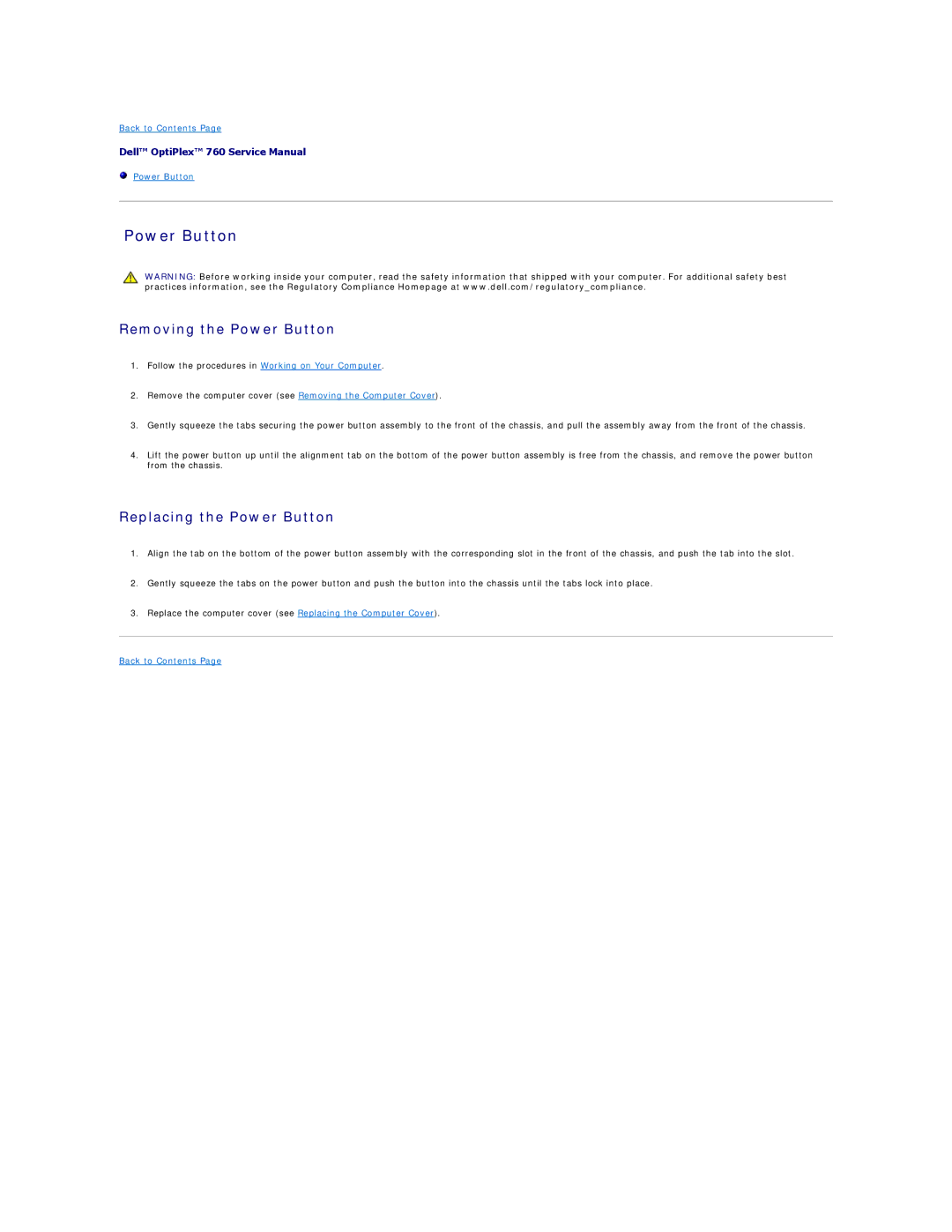 Dell 760 manual Removing the Power Button, Replacing the Power Button 