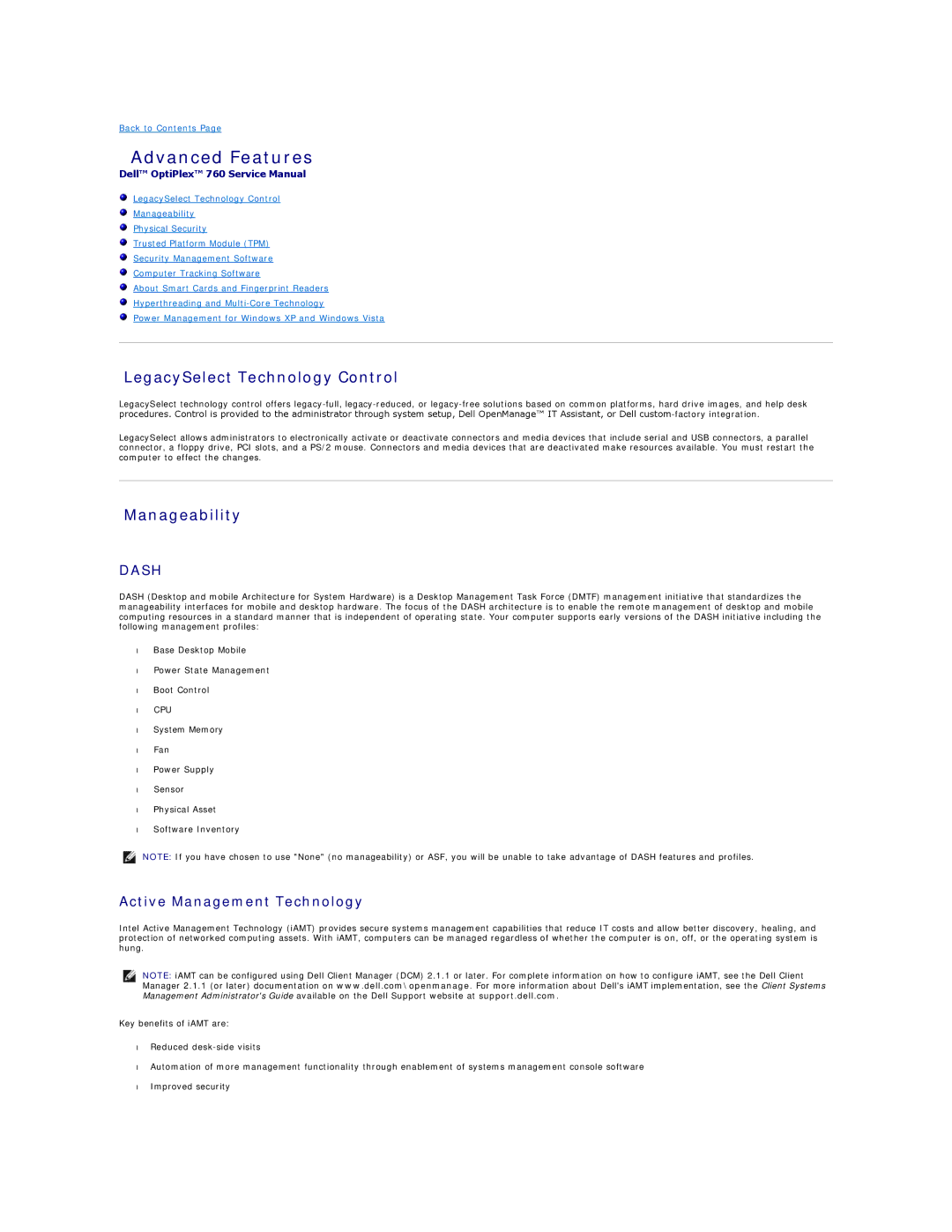 Dell 760 manual Advanced Features, LegacySelect Technology Control, Manageability, Active Management Technology 