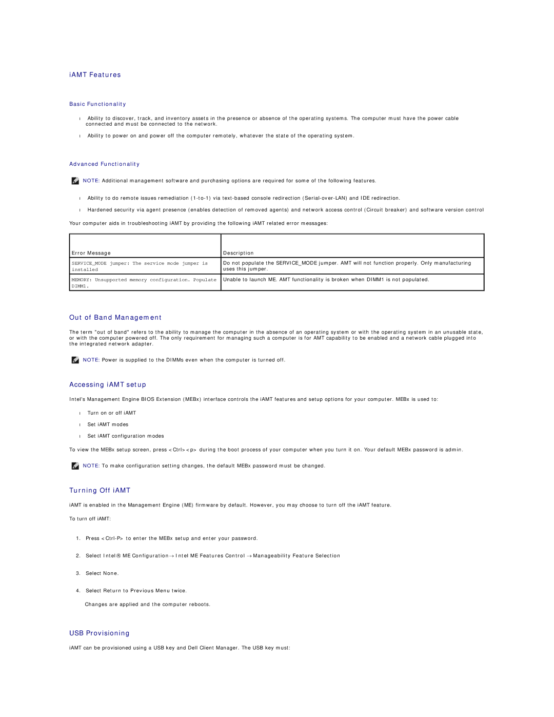 Dell 760 manual IAMT Features, Out of Band Management, Accessing iAMT setup, Turning Off iAMT, USB Provisioning 