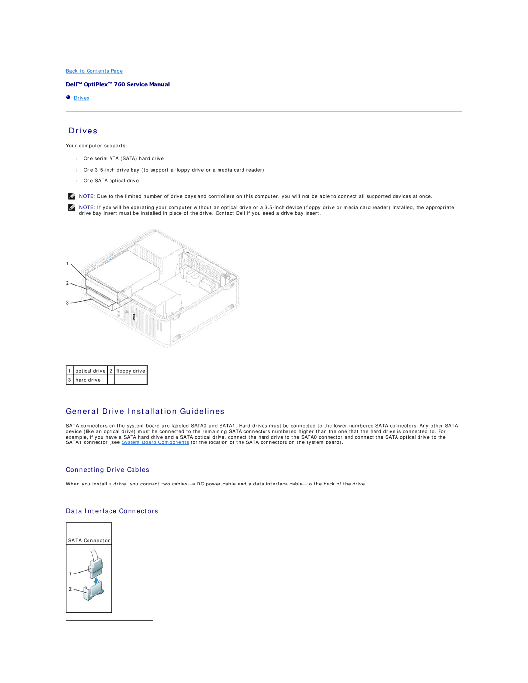 Dell 760 Drives, General Drive Installation Guidelines, Connecting Drive Cables, Data Interface Connectors, Sata Connector 