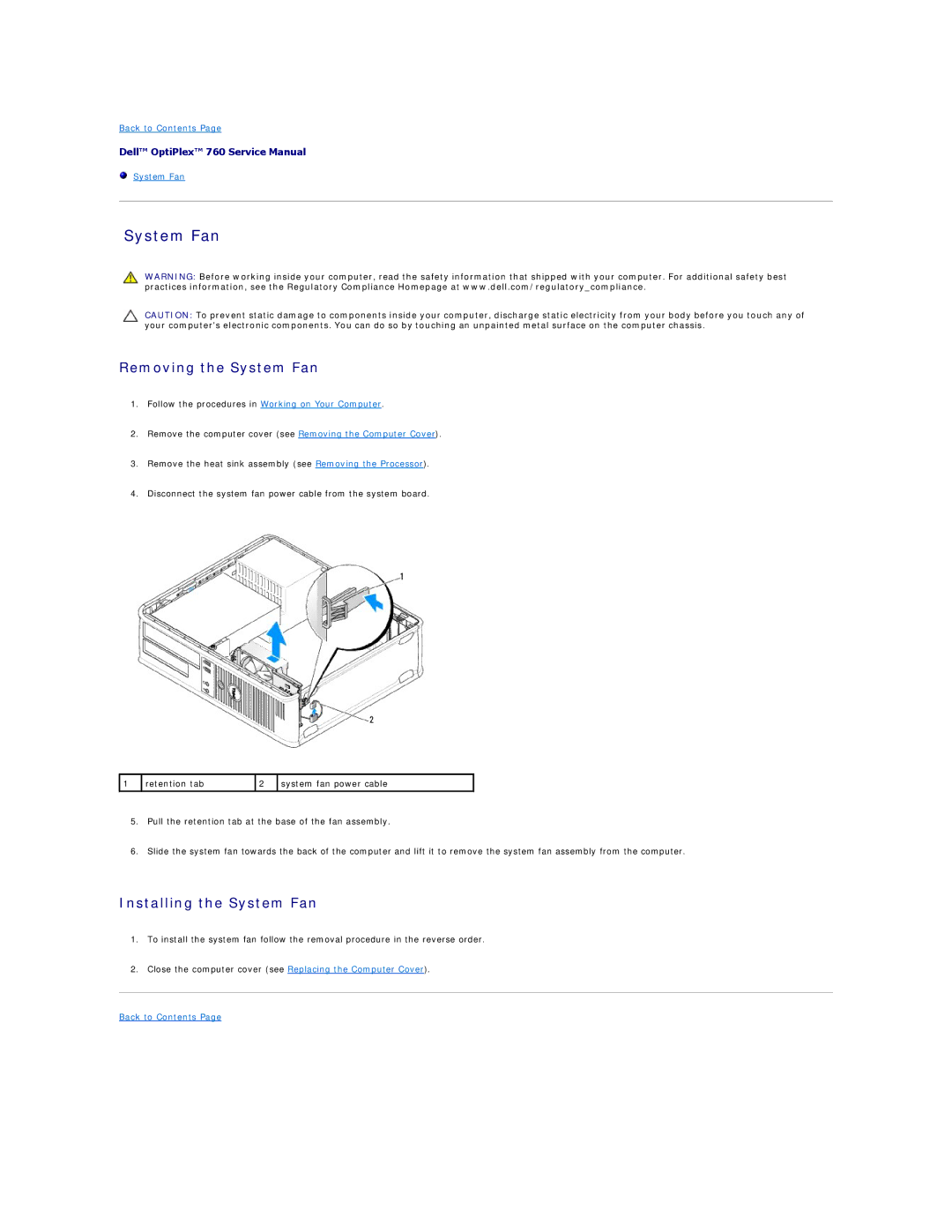 Dell 760 manual Removing the System Fan, Installing the System Fan 