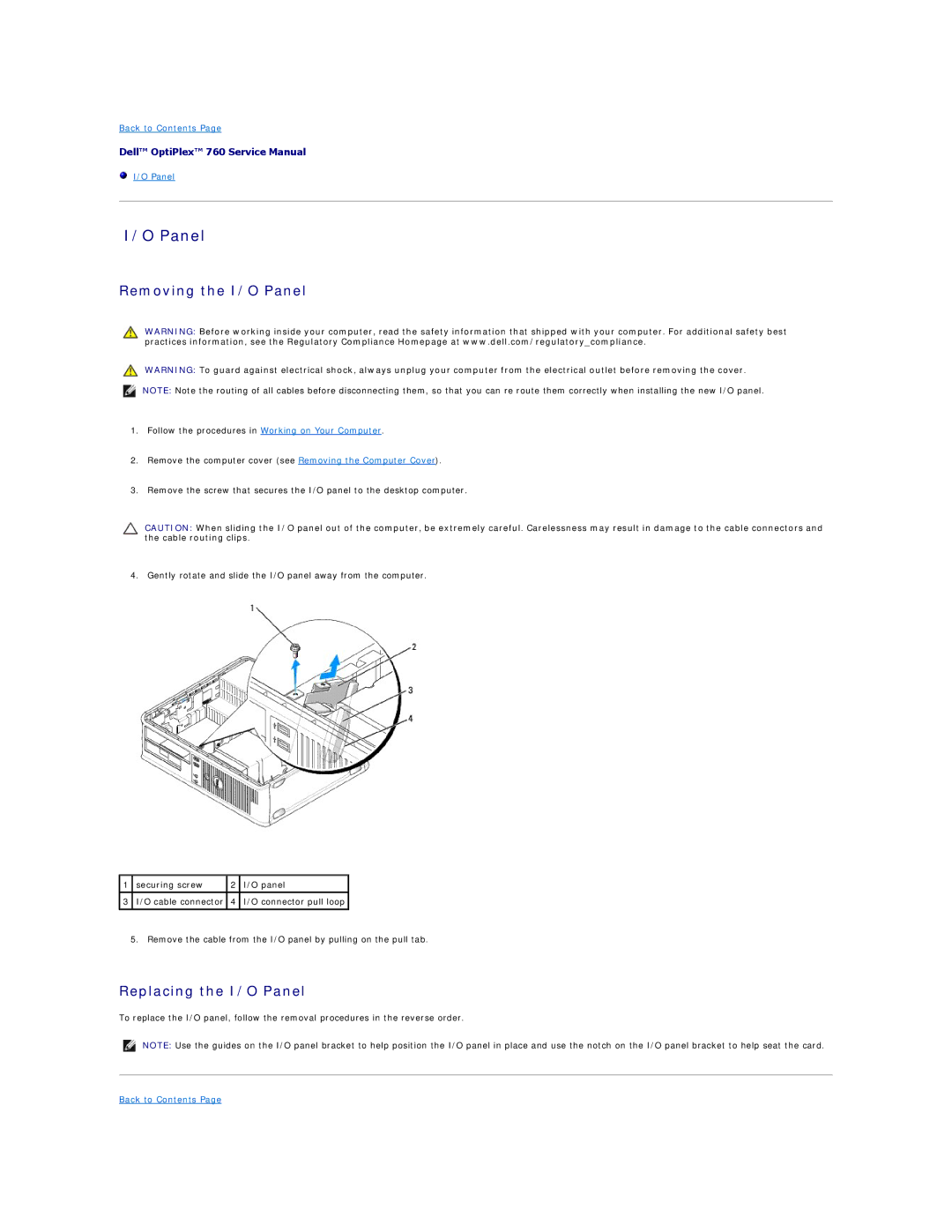 Dell 760 manual Removing the I/O Panel, Replacing the I/O Panel 