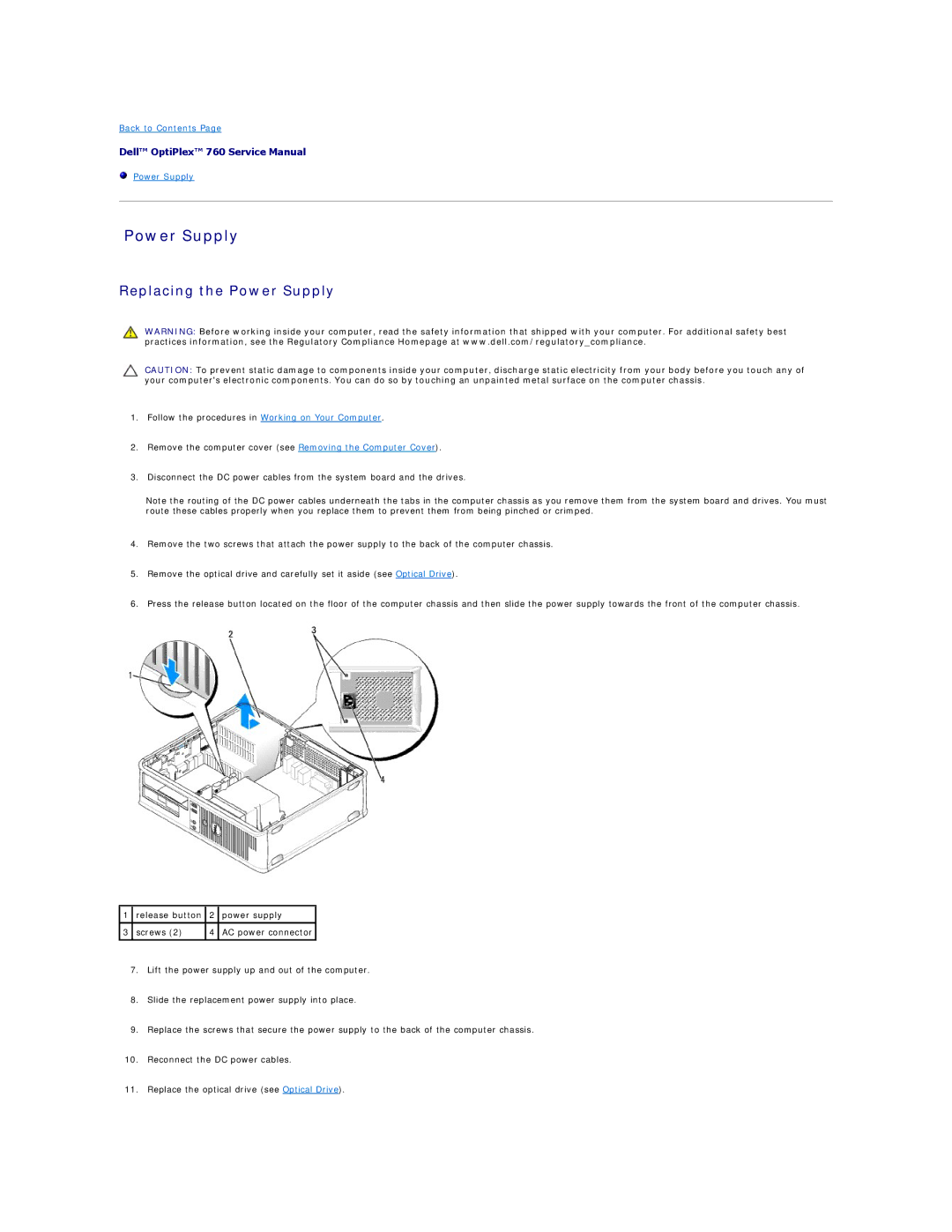 Dell 760 manual Replacing the Power Supply 