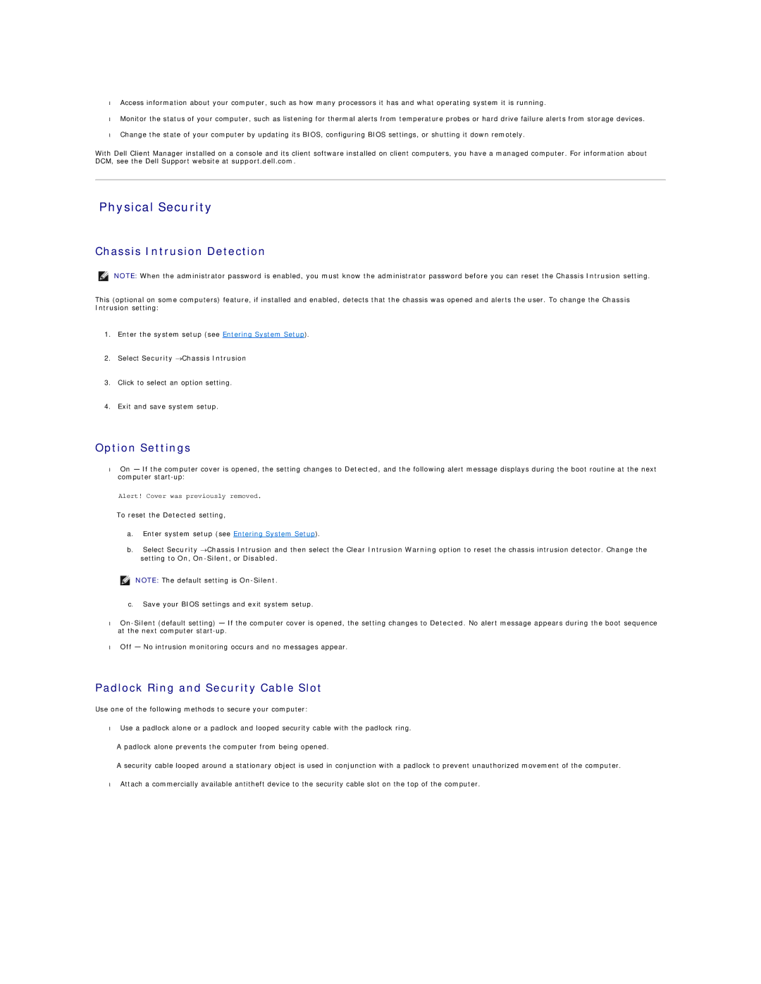 Dell 760 manual Physical Security, Chassis Intrusion Detection, Option Settings, Padlock Ring and Security Cable Slot 