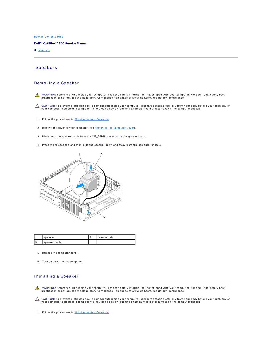 Dell 760 manual Speakers, Removing a Speaker, Installing a Speaker 