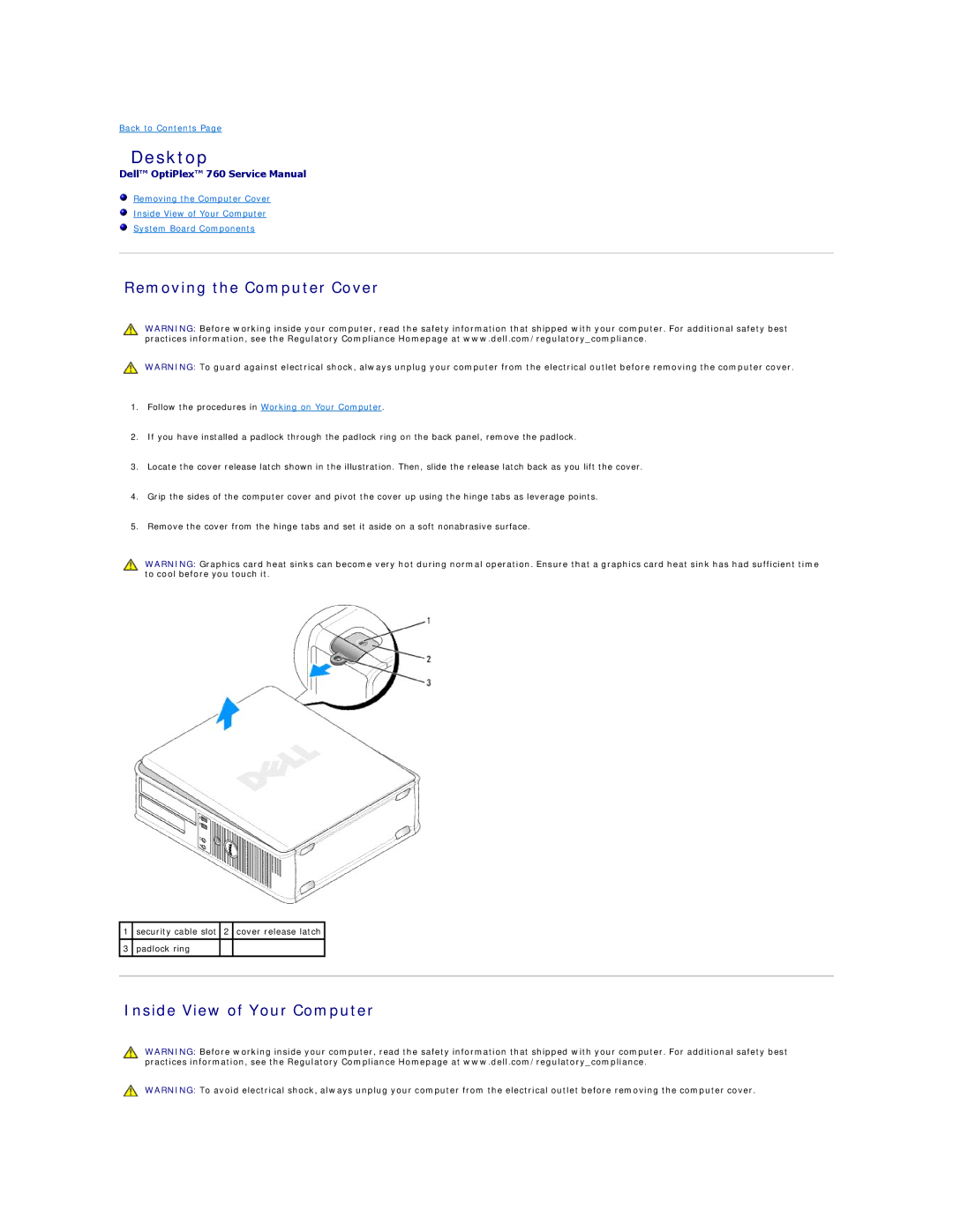 Dell 760 manual Desktop, Removing the Computer Cover, Inside View of Your Computer 