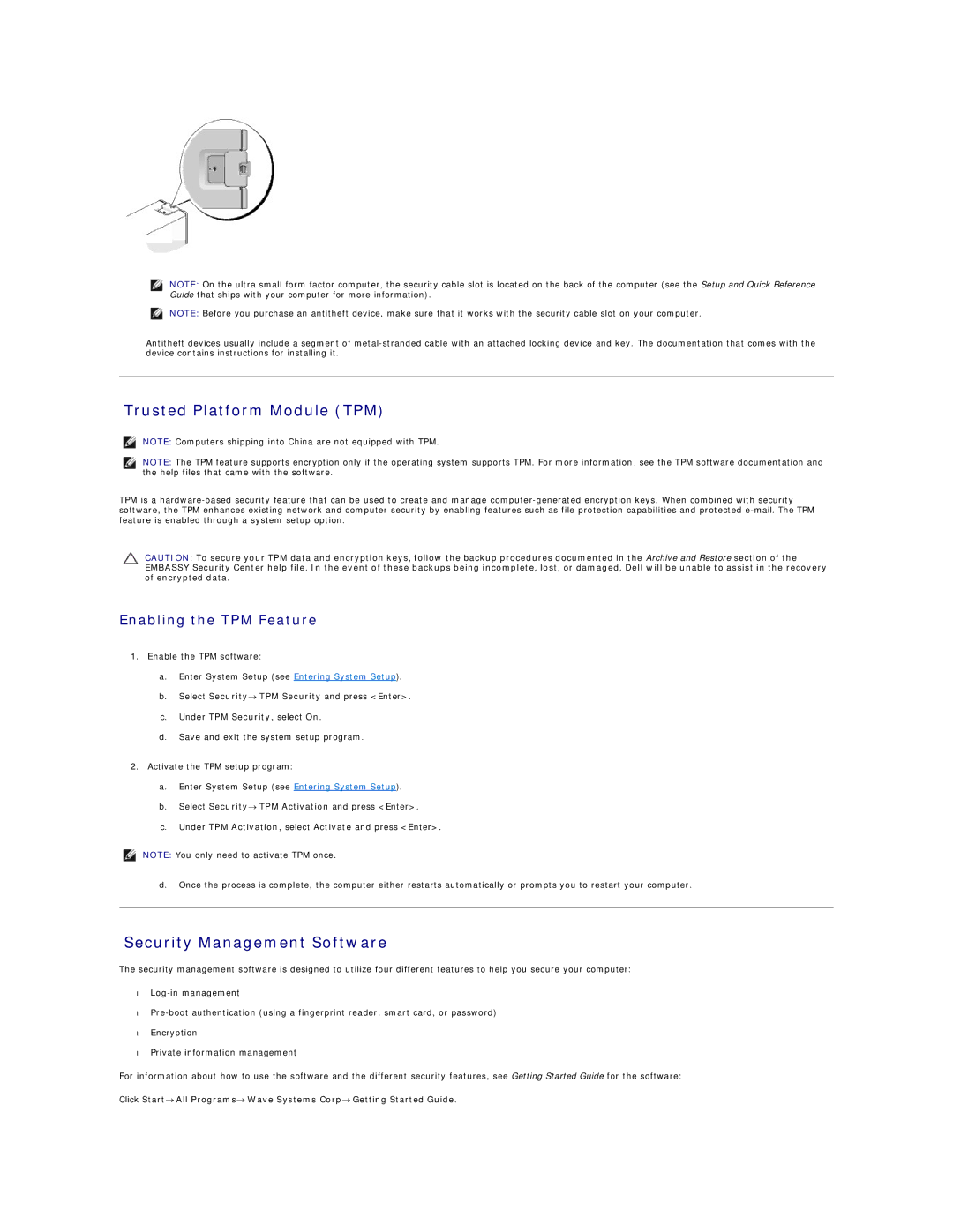 Dell 760 manual Trusted Platform Module TPM, Security Management Software, Enabling the TPM Feature 