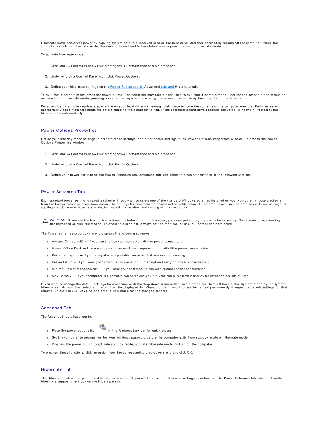 Dell 760 manual Power Options Properties, Power Schemes Tab, Advanced Tab, Hibernate Tab 