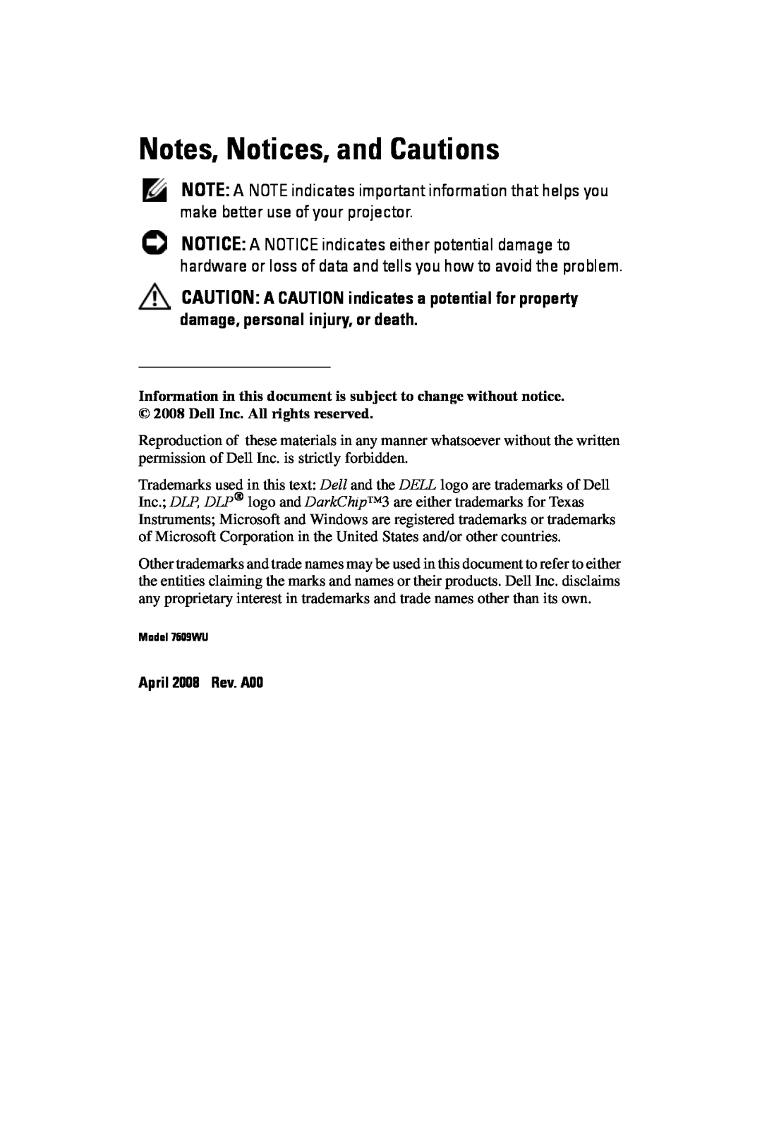 Dell 7609WU manual Notes, Notices, and Cautions, April 2008 Rev. A00 