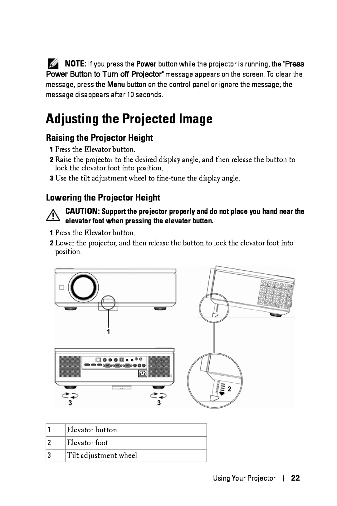 Dell 7609WU manual Adjusting the Projected Image, Raising the Projector Height, Lowering the Projector Height 