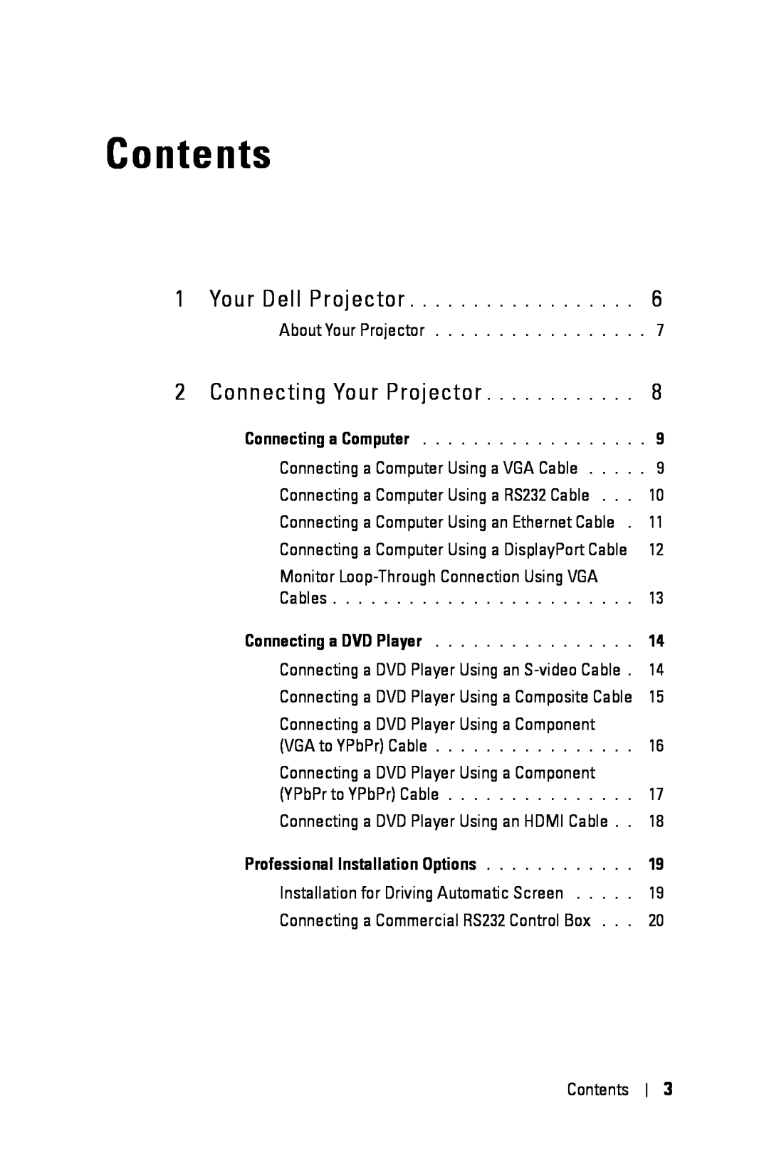 Dell 7609WU manual Contents, Connecting Your Projector, Professional Installation Options 