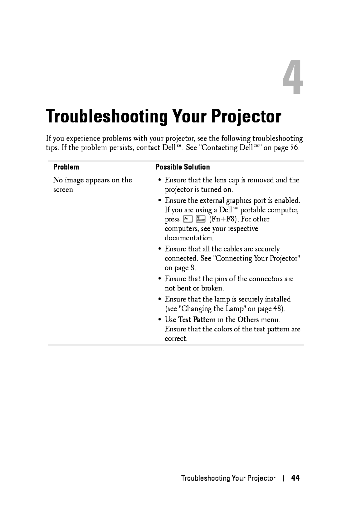 Dell 7609WU manual Troubleshooting Your Projector, Problem 