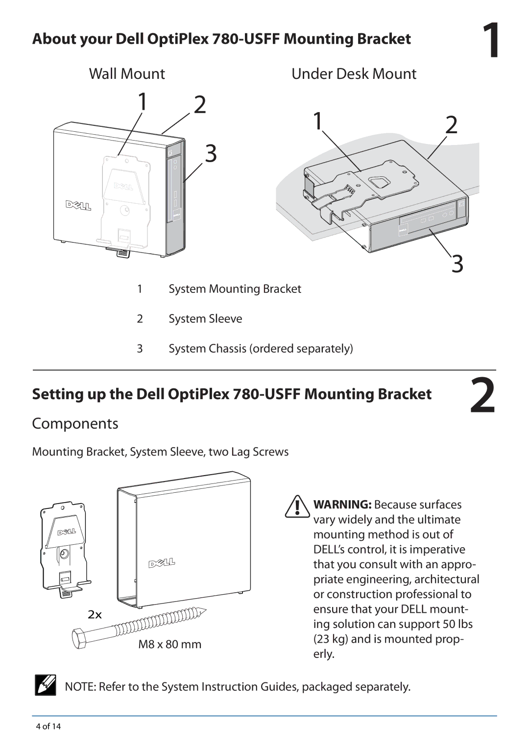 Dell 780-USFF manual Wall Mount Under Desk Mount, Components 