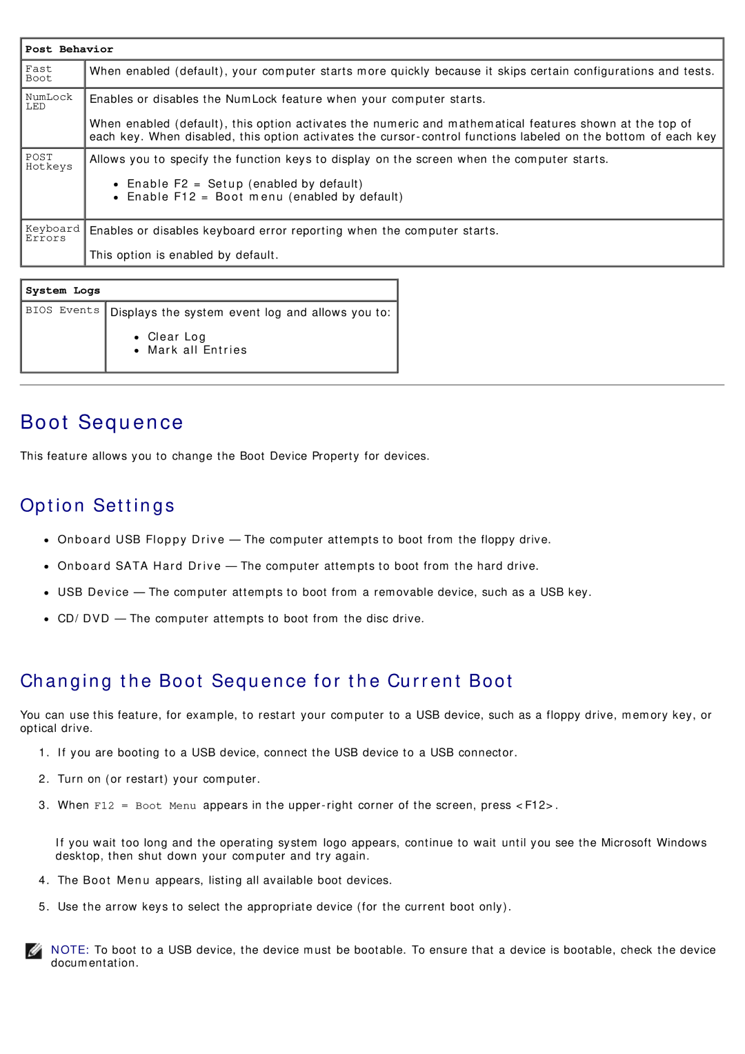 Dell 780 service manual Boot Sequence, Enable F12 = Boot menu enabled by default, Clear Log Mark all Entries 