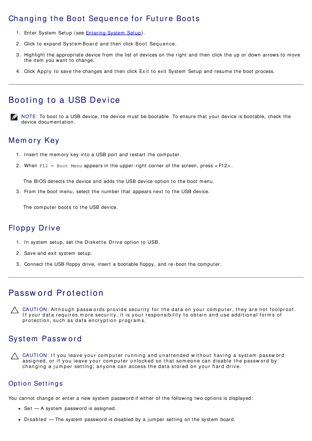 Dell 780 service manual Booting to a USB Device, Password Protection 