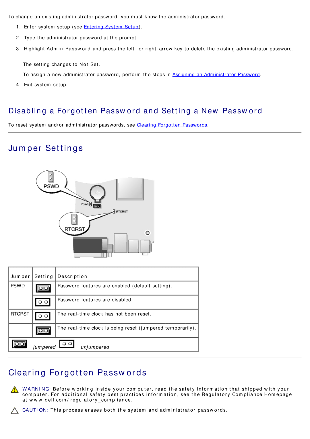 Dell 780 service manual Jumper Settings, Clearing Forgotten Passwords, Jumper Setting Description 