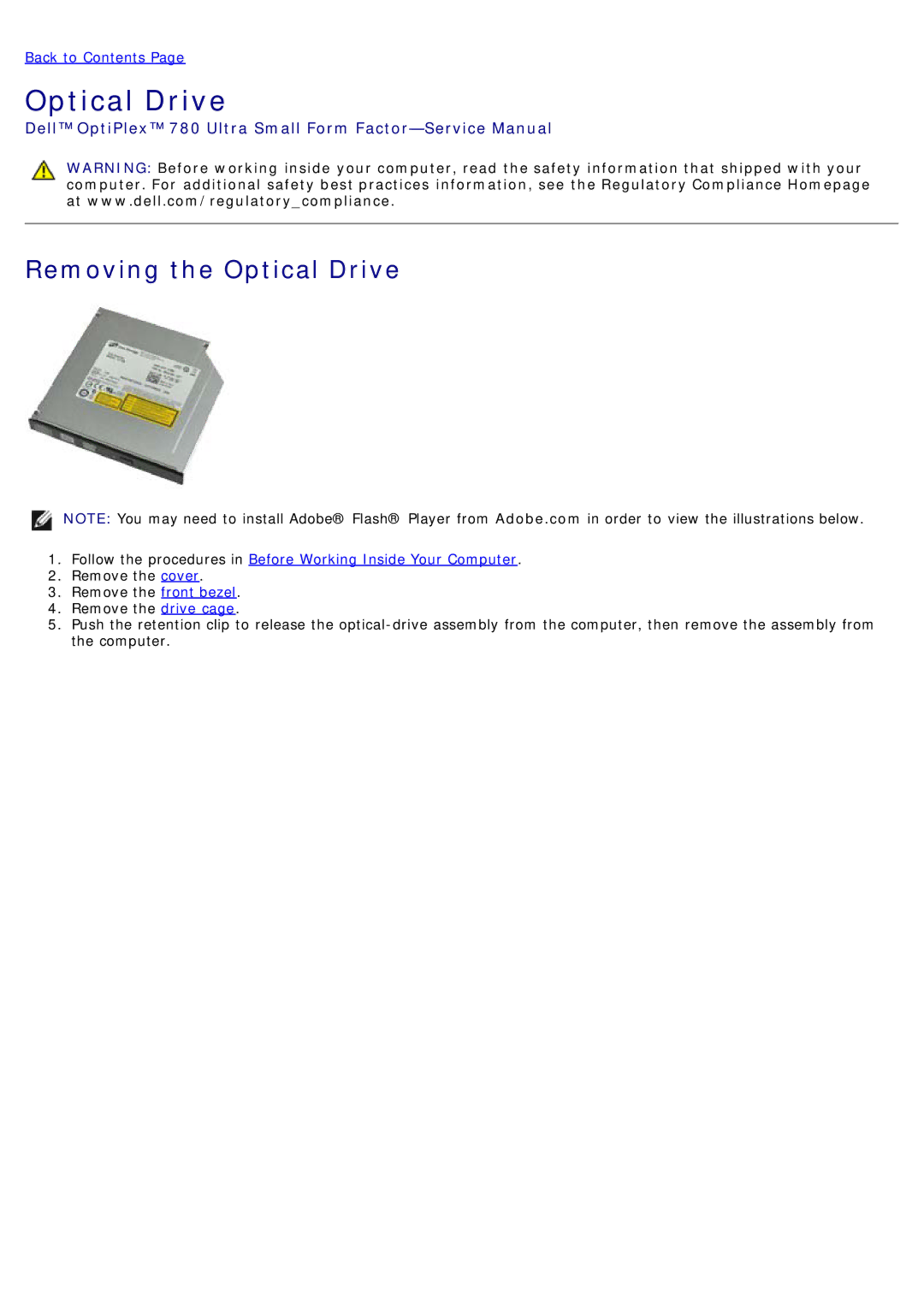 Dell 780 service manual Removing the Optical Drive 