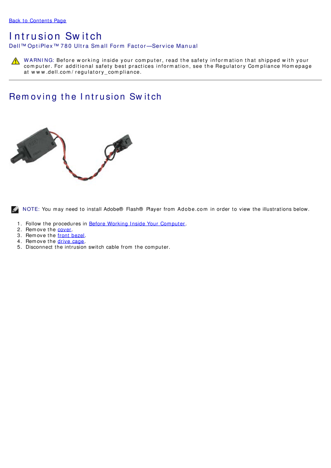 Dell 780 service manual Removing the Intrusion Switch 