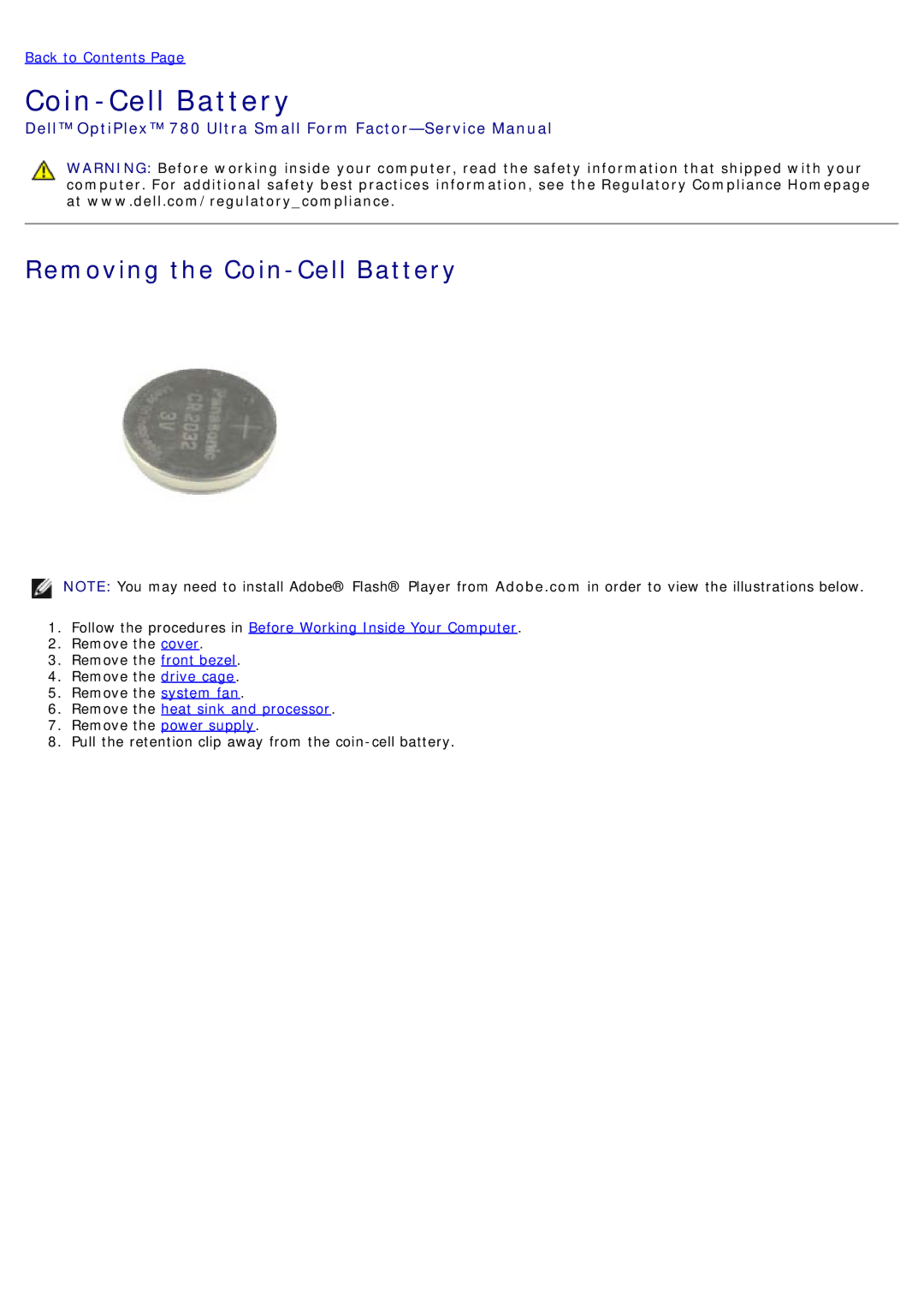 Dell 780 service manual Removing the Coin-Cell Battery 