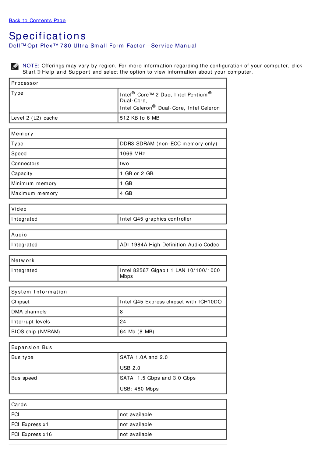 Dell 780 service manual Specifications 