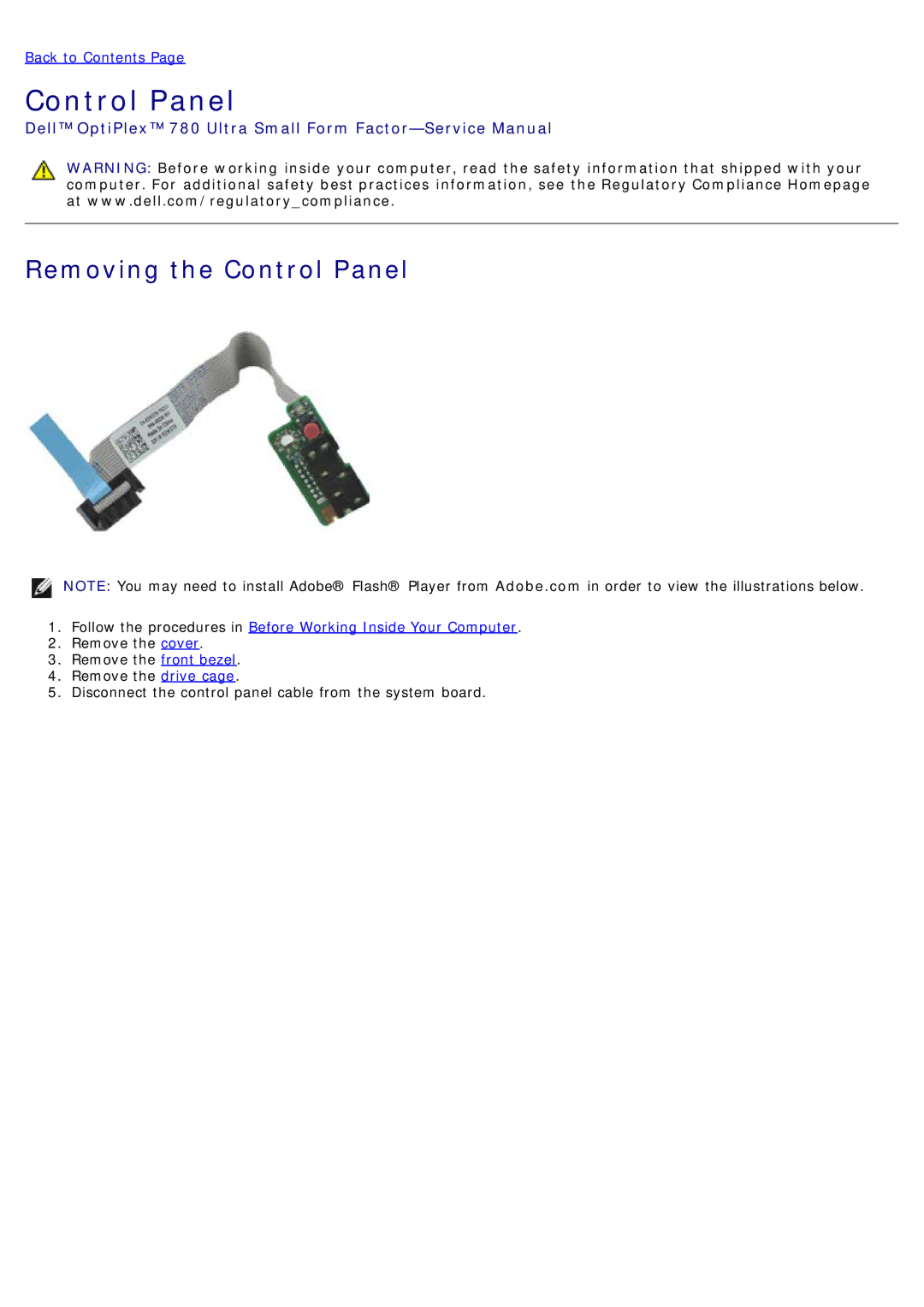 Dell 780 service manual Removing the Control Panel 